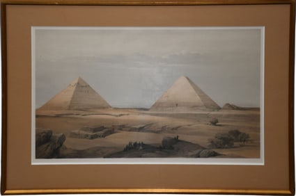 FRAMED PRINT- Pyramids in the distant landscape, dark stained wood frame, tan mat .  Unknown artist,