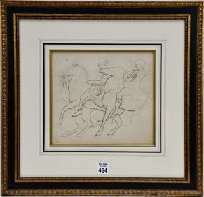 Vintage Etching- Lady and Man riding horses, signed illegibly lower left.  Impression 8 x 8-1/2