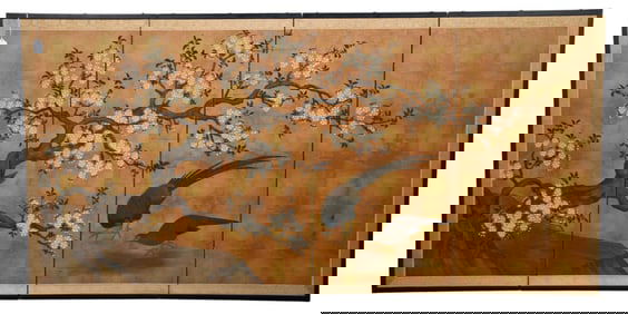 20th century Japanese hand painted 4 panel decorative wall screen, apple blossom trees,  each panel