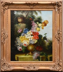 20th century decorative oil, painting flowers on a patio signed bottom right,  24 x 20 inches.
