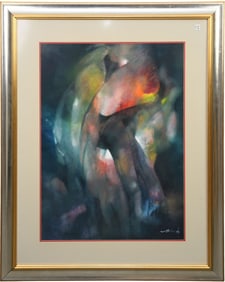 Large abstract water color and gouache. signed Mia- 92.  site size approximately 40 x 29 inches.
