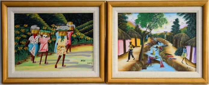 Pair of Haitian Paintings, Max and Ronnie, small landscapes. overall frame size 16 x 19 1/2 inches