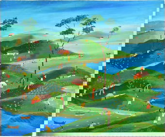 Joseph B  Haitian 20th Century. oil on canvas painting, 20 x 24 inches, farmers in a village