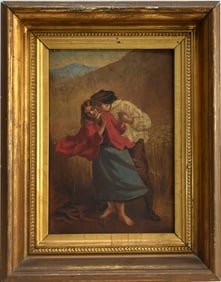 19th Century European School, oil on antique wood panel, Lovers in the Field, no apparent signature,