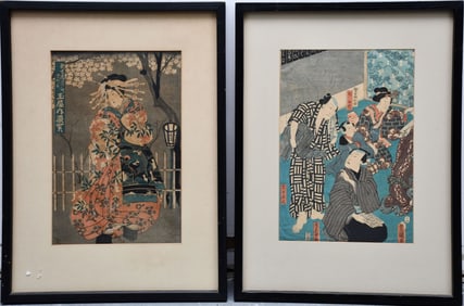 Two Antique Japanese Woodblock Prints, Kunisada & Eisen - Japan, Edo Period, c. mid-19th century.