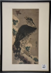 Keisai Eisen (Japanese, 1790-1848) Woodblock Print, "Hawk on a Snowy Pine Branch" - Japan, Edo