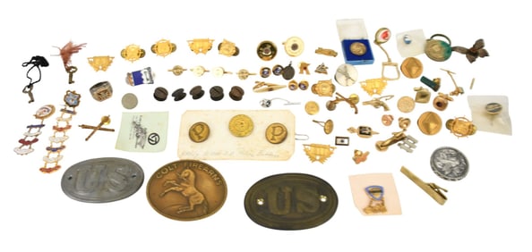 Estate Lot of Military Civil War Men's Pins, Medals, Ring, Cufflink, etc