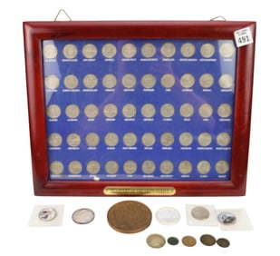 Coins & Medal Lot. Quarters of 50 States, 2  Silver Coins, 1968 Kennedy half dollar, 1892 Indian