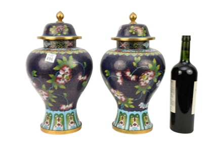 Pair Of Covered Cloisonne Jars. 15" x 7.5" no damage