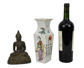 Chinese Porcelain Vase with Lion Head Handles, Painted Female (9"h x 3"w) AND Seated Buddha