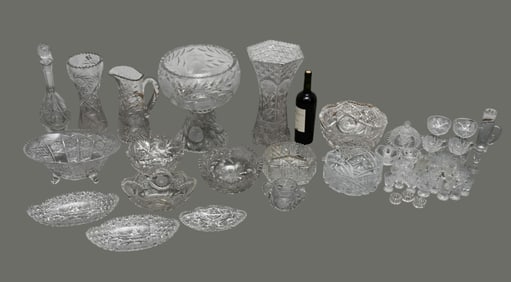 Large Estate Cut Glass Crystal Lot. Circa 1900s - 1940s  55 Pieces including Vases, Bowls, Decanter,