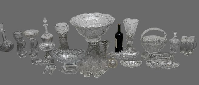 Large Estate Cut Glass Crystal. Circa 1900s - 1940s 36 pieces including Pinch Bowl with base,