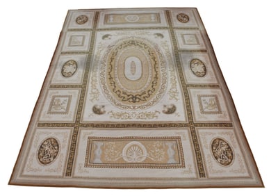 Needlepoint Tapestry Rug. Classical scene, 9.8 x 13.6. two large dirty spots needs cleaning.