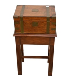 Antique Campaign Style Travel Lap Desk, Brass Banding with Fitted Interior on Custom Stand, 26"H x