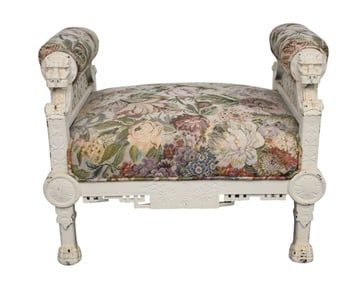 Antique Victorian Carved & Painted Small Bench with Tapestry Style Upholstery, 24"h x 29"w x 22"d