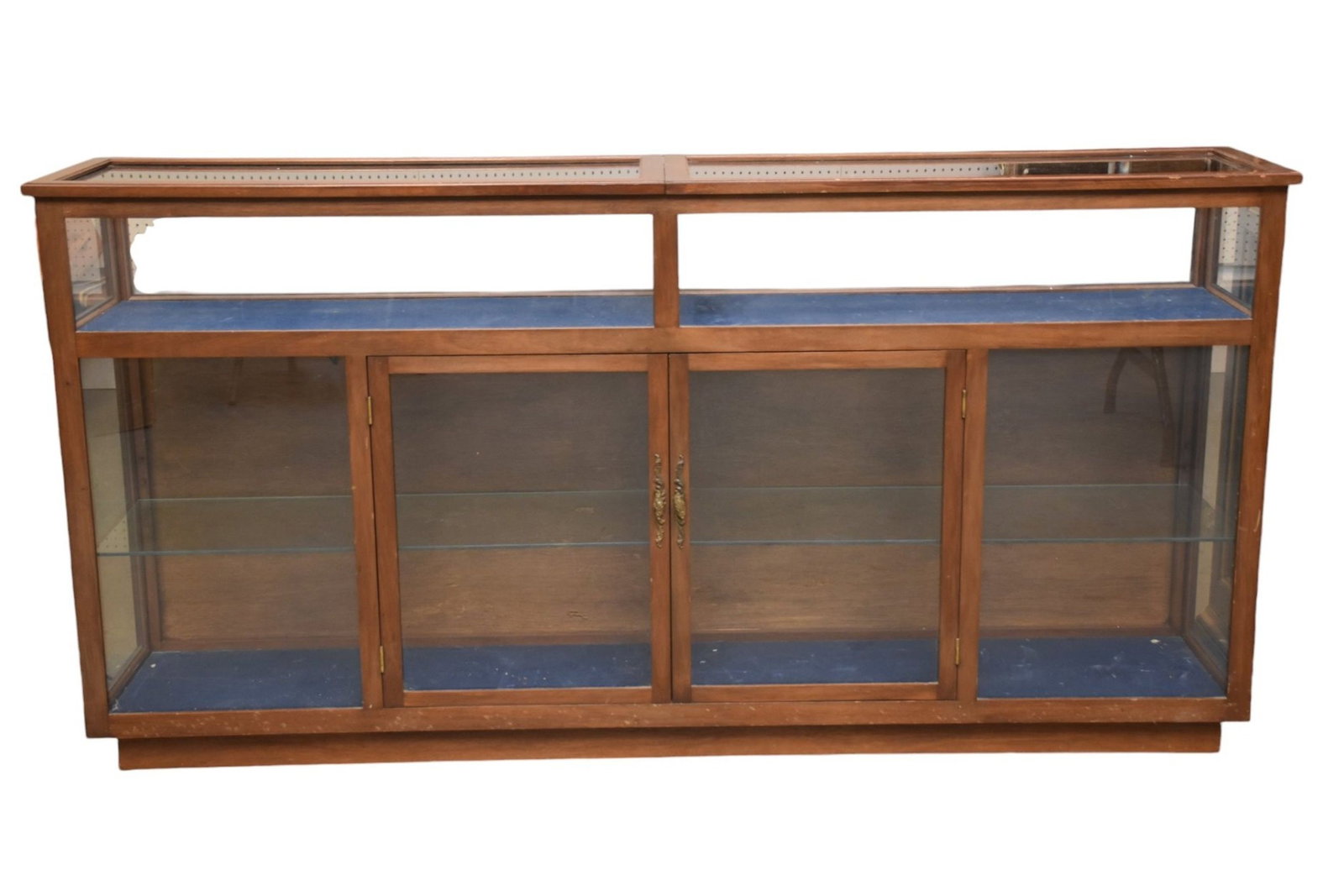 Display Cabinet, 2 Shelves Blue Velvet Fabric, Lighted with 2 Lift Hinged Panels over 23 Doors, 3: Display Cabinet, 2 Shelves Blue Velvet Fabric, Lighted with 2 Lift Hinged Panels over 23 Doors, 3 Feet x 6'L x 15"d