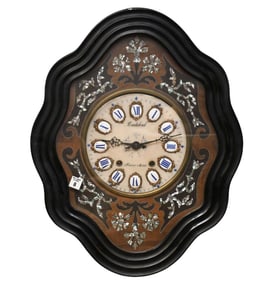French Oeil de Boeuf Wall Clock, 19th Century, Ebonized wood case, mother of pearl inlay, alabaster