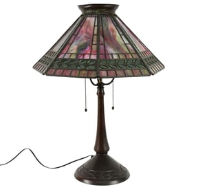 Antique Handel Table Lamp, Bronze Base & Original Slag Glass Handel Shade, 23"h x 17"d