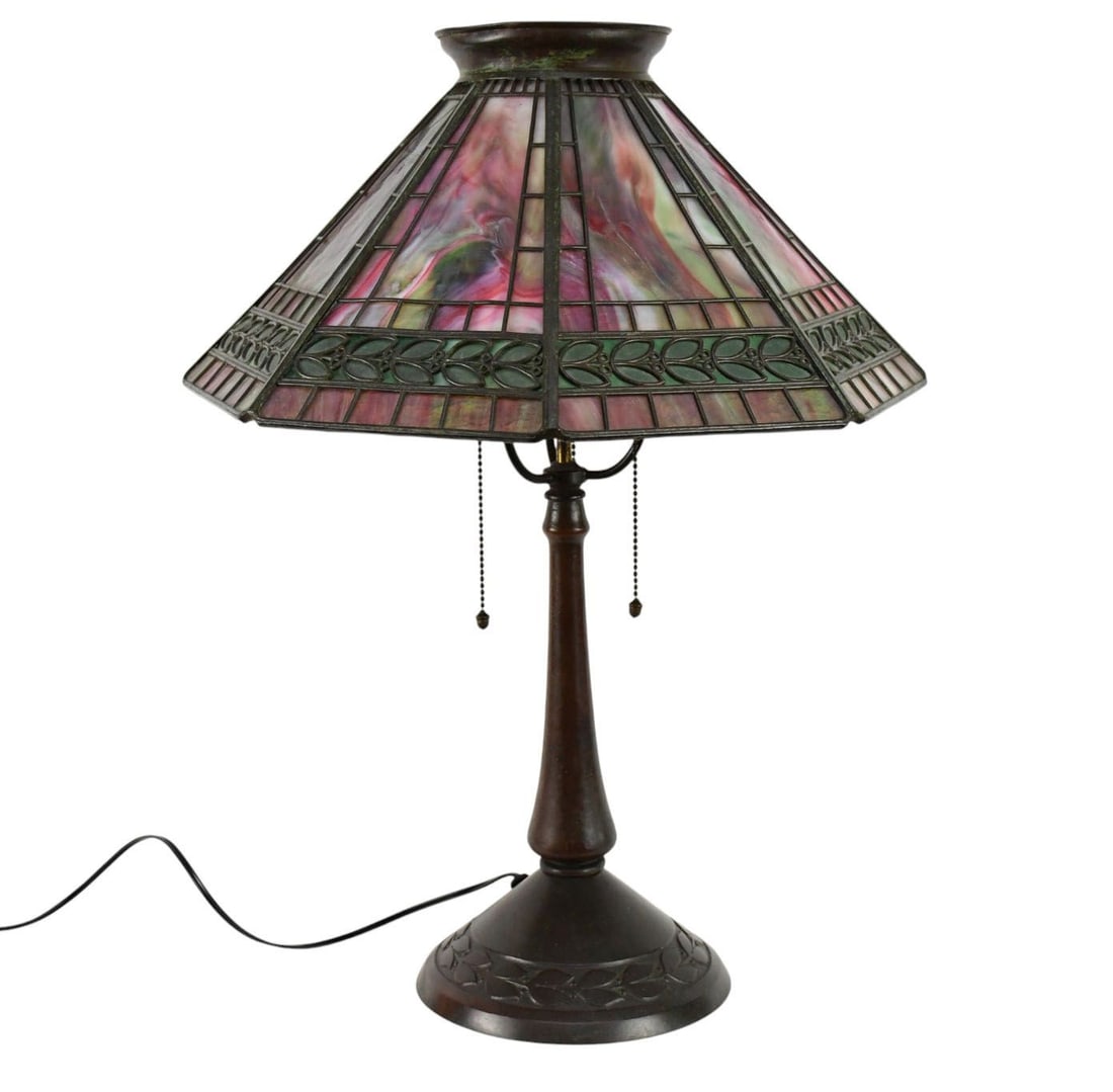 Antique Handel Table Lamp, Bronze Base & Original Slag Glass Handel Shade, 23"h x 17"d (1 of 16)