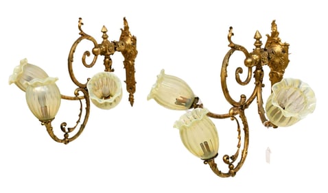 Pair French Gilt Bronze & Uranium Glass Wall Sconces, C. 1900 - A pair of Art Nouveau gilt bronze