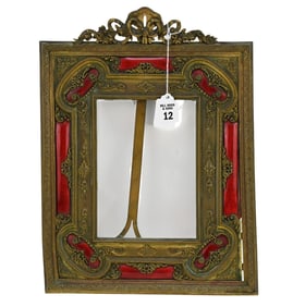 Antique French Bronze & Red Enameling Picture Frame with Rosette & Bow Motif at Crest, 14 1/4"h x 10