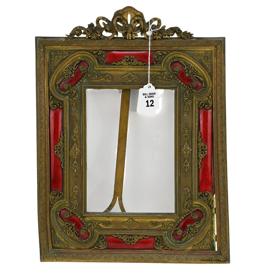 Antique French Bronze & Red Enameling Picture Frame with Rosette & Bow Motif at Crest, 14 1/4"h x 10 (1 of 7)