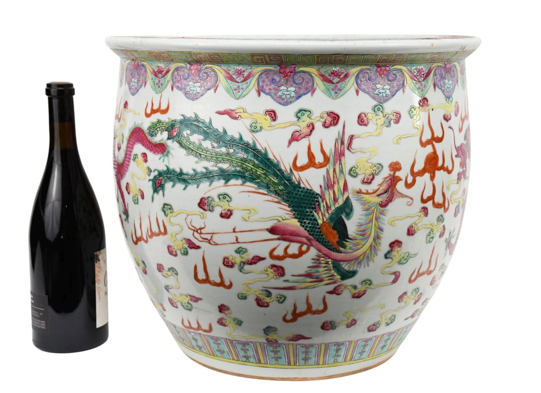 An Antique Chinese Famille Rose Porcelain Fish Bowl, Dragon Motif - C. 19th - early 20th century,: An Antique Chinese Famille Rose Porcelain Fish Bowl, Dragon Motif - C. 19th - early 20th century, Qing Dynasty. A large porcelain fish bowl or jardiniere. Finely decorated in famille rose enamels and
