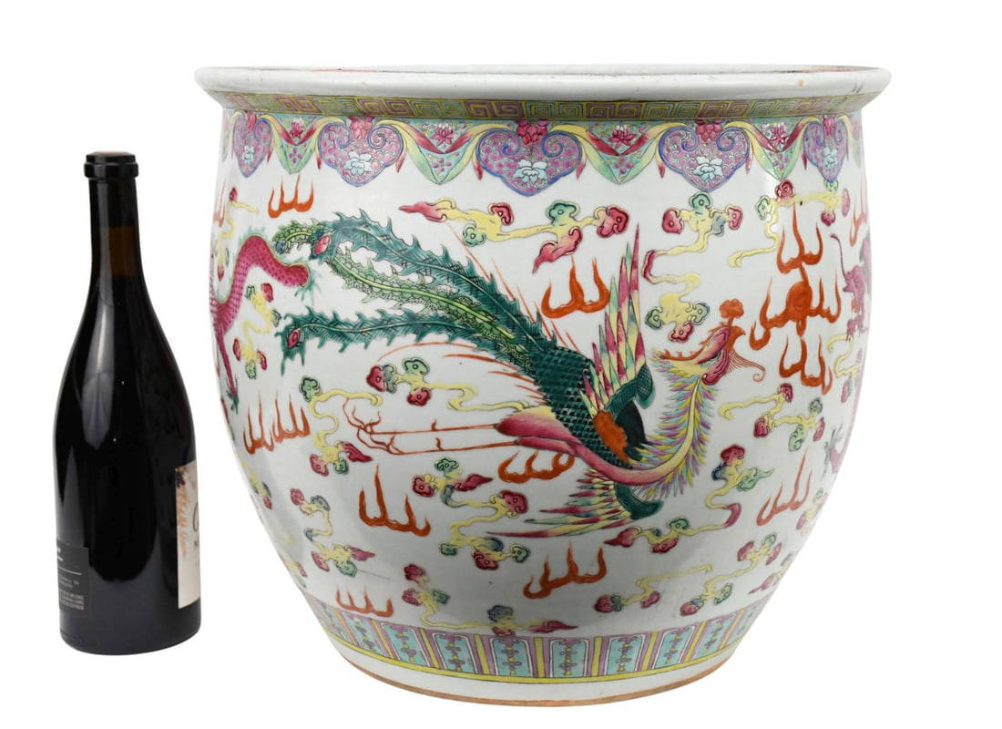 An Antique Chinese Famille Rose Porcelain Fish Bowl, Dragon Motif - C. 19th - early 20th century,