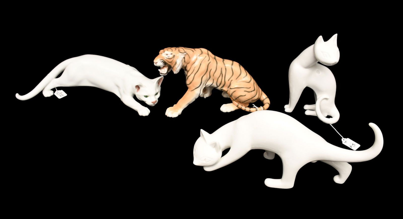 4 Porcelain Animal Figures, KPM, Royal Copenhagen, B&G - Grouping of Danish and German porcelain.: 4 Porcelain Animal Figures, KPM, Royal Copenhagen, B&G - Grouping of Danish and German porcelain. Comprising: B&G Porcelain Tiger (13in. Long); Royal Copenhagen Porcelain Cat ( 8in. long.); AND 2 KPM