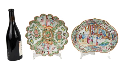 Two Pcs 19th Century Chinese Export Porcelain, Rose Medallion Platter, with scalloped rim (10"dia)