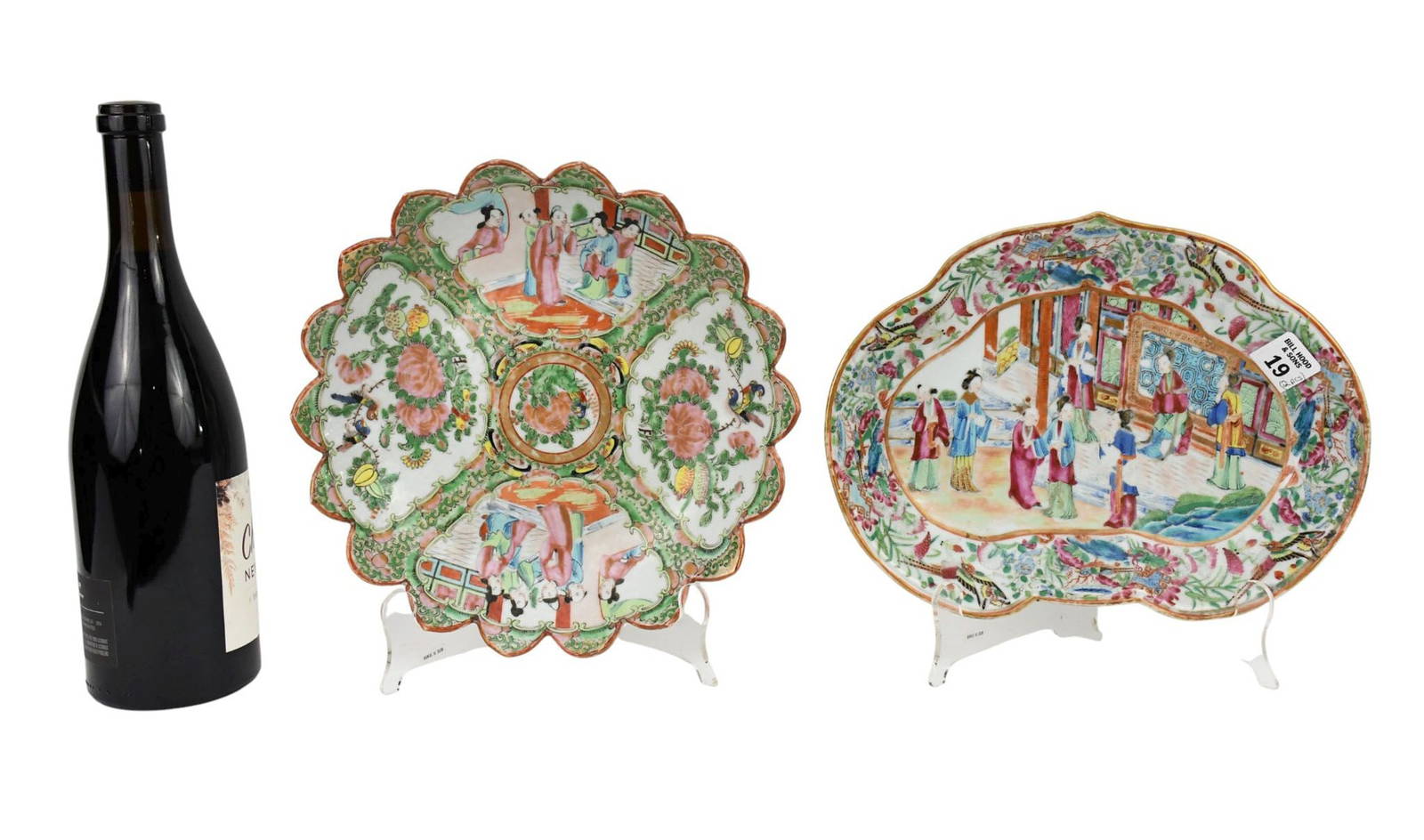 Two Pcs 19th Century Chinese Export Porcelain, Rose Medallion Platter, with scalloped rim (10\"dia)