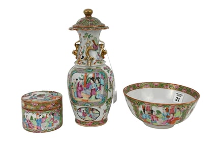 Grouping of 3 Rose Medallion Chinese Export Porcelain - Rose Medallion Jar, (2 1/2" x 2 1/2"), Rose