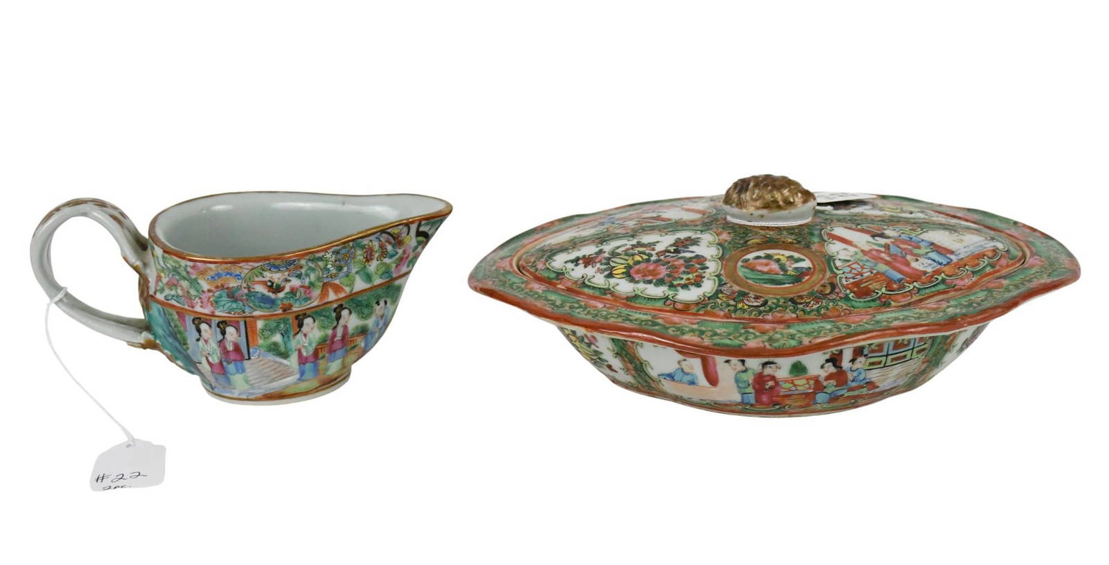 Two Pcs Chinese Rose Medallion Porcelain - Rose Medallion Covered Vegetable Dish, 10 1/2\" x 8 1/2\"