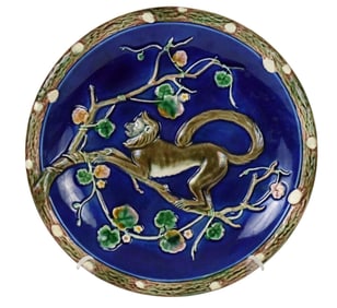 Rare Wedgwood Cobalt Ground Majolica Monkey Plate, C. 1875 - English. Cobalt blue background,