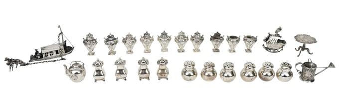Collection of 25 Continental Sterling Silver Miniature Objects and English Individual Salt and
