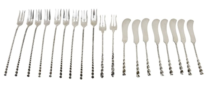 Collection of Sterling Silver Cocktail Forks and Cheese Spreaders with twisted handles, all marked