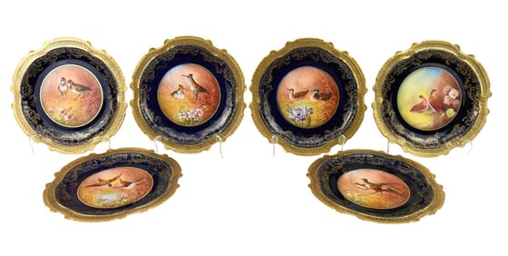 6 Limoges Handpainted French Porcelain Plates, with Assorted Birds and Background, Cobalt Borders