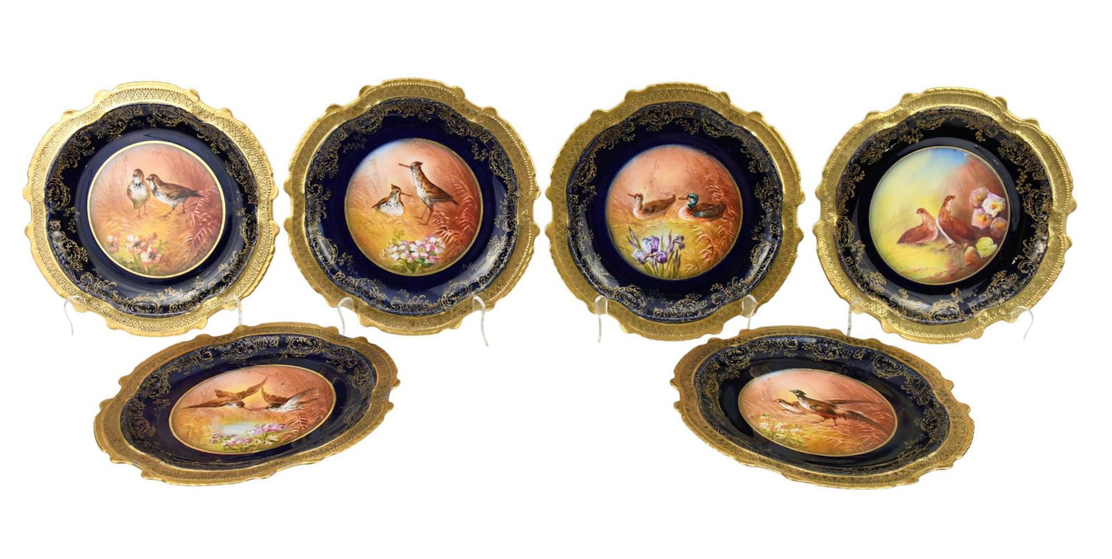 6 Limoges Handpainted French Porcelain Plates, with Assorted Birds and Background, Cobalt Borders (1 of 11)