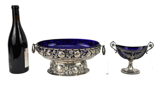 Continental "800" Silver Reticulated Repousse Bowl with Handles & Cobalt Liner (13" x 8") AND "800"