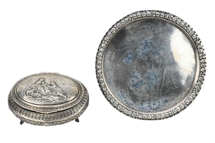 Two '800' Silver Pieces Sold Together: Oval "800" Silver Repousse Box (6" x 8") AND Round "800"