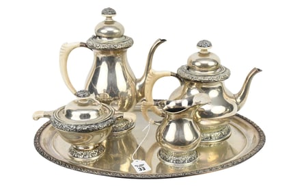 German, M.T. Wetzlar "800" Silver 5 Pc. Tea Set, Including Tray (18 3/4"x 14"), Teapot 10 1/4"h, 104