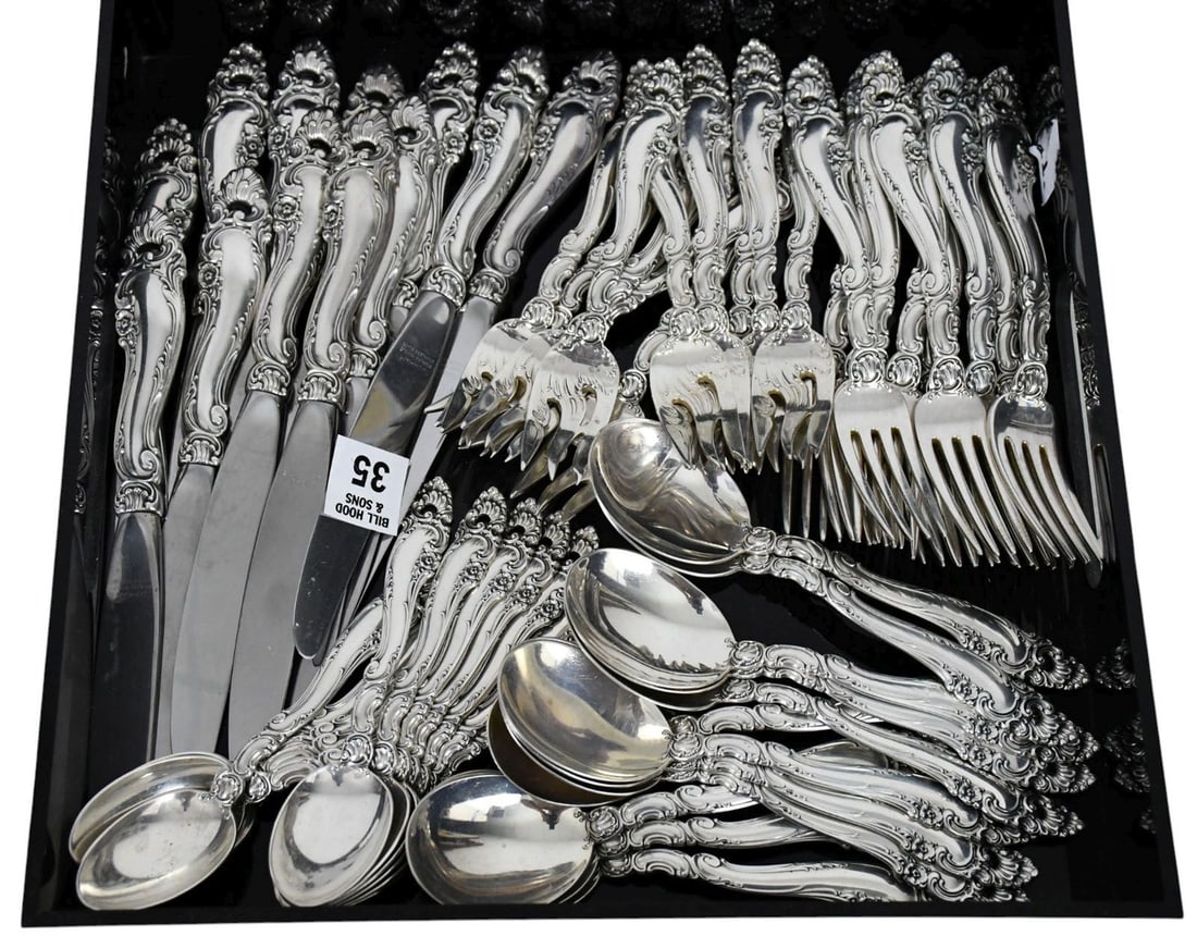 Gorham Sterling Silver Flatware Set, Décor Pattern, 1953, Incl;  12 Dinner Knives (8 3/4"L), 12 (1 of 4)