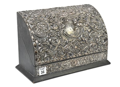 Antique Victorian Sterling Silver & Leather Document Box, Repousse Sterling Silver Work With A