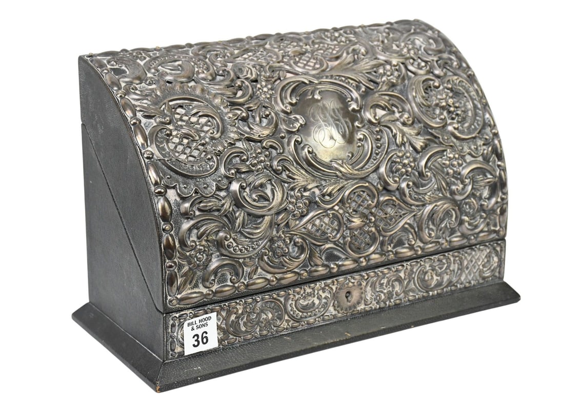 Antique Victorian Sterling Silver & Leather Document Box, Repousse Sterling Silver Work With A (1 of 8)