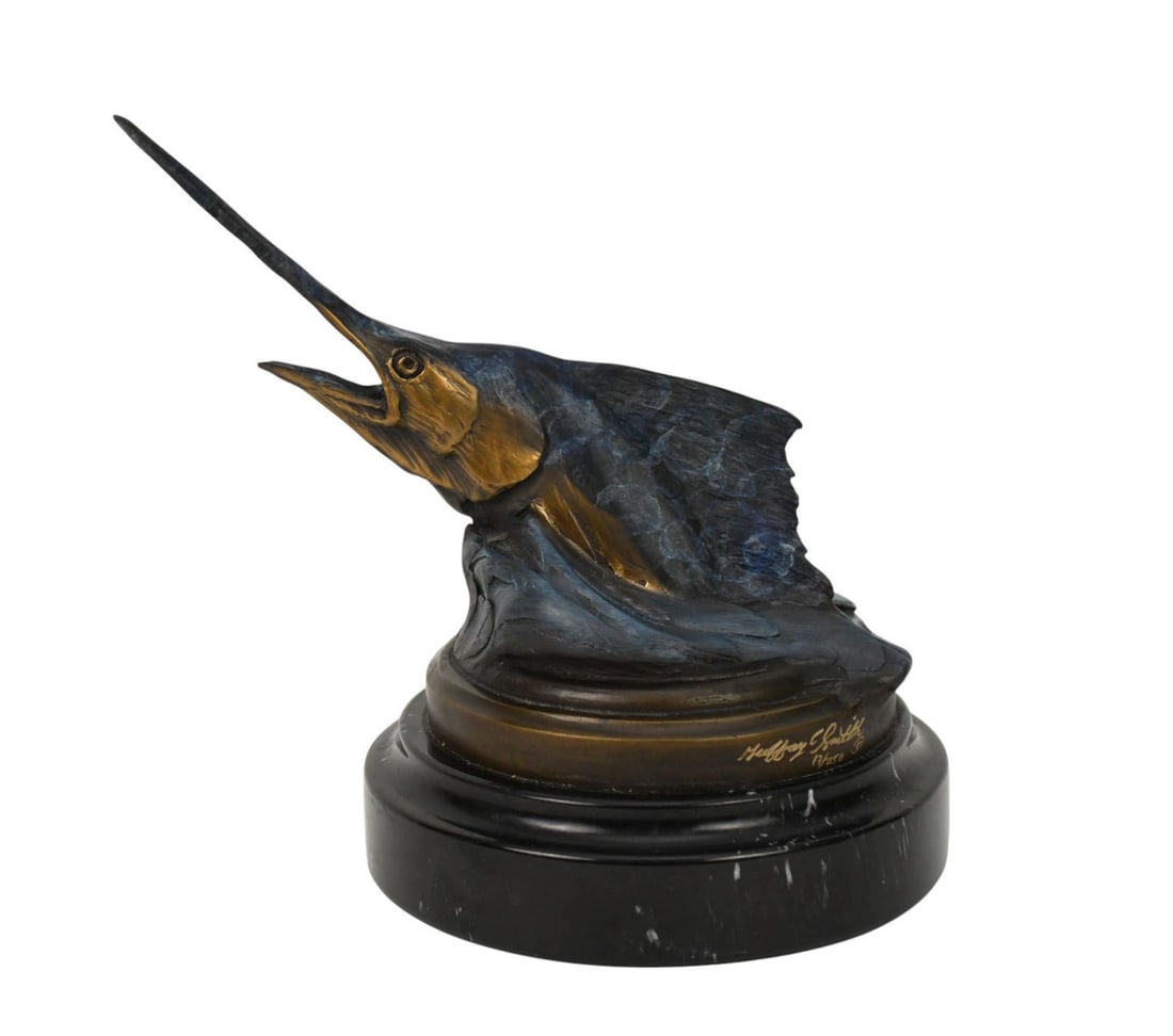 Geoffrey Camp Smith, Patinated Bronze Marlin On Wave Sculpture, American, 20th century, Marble Base, (1 of 6)