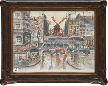 Oney Akbas (Turkish, 20th Century) Pen Ink Watercolor of Moulin Rouge, 17-1/2 x 21-1/2 inches.