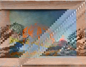 Clara Nisbet (American, 20th Century) oil on board, 12 x 16 inches. Horse & Cowboy. Overall framed