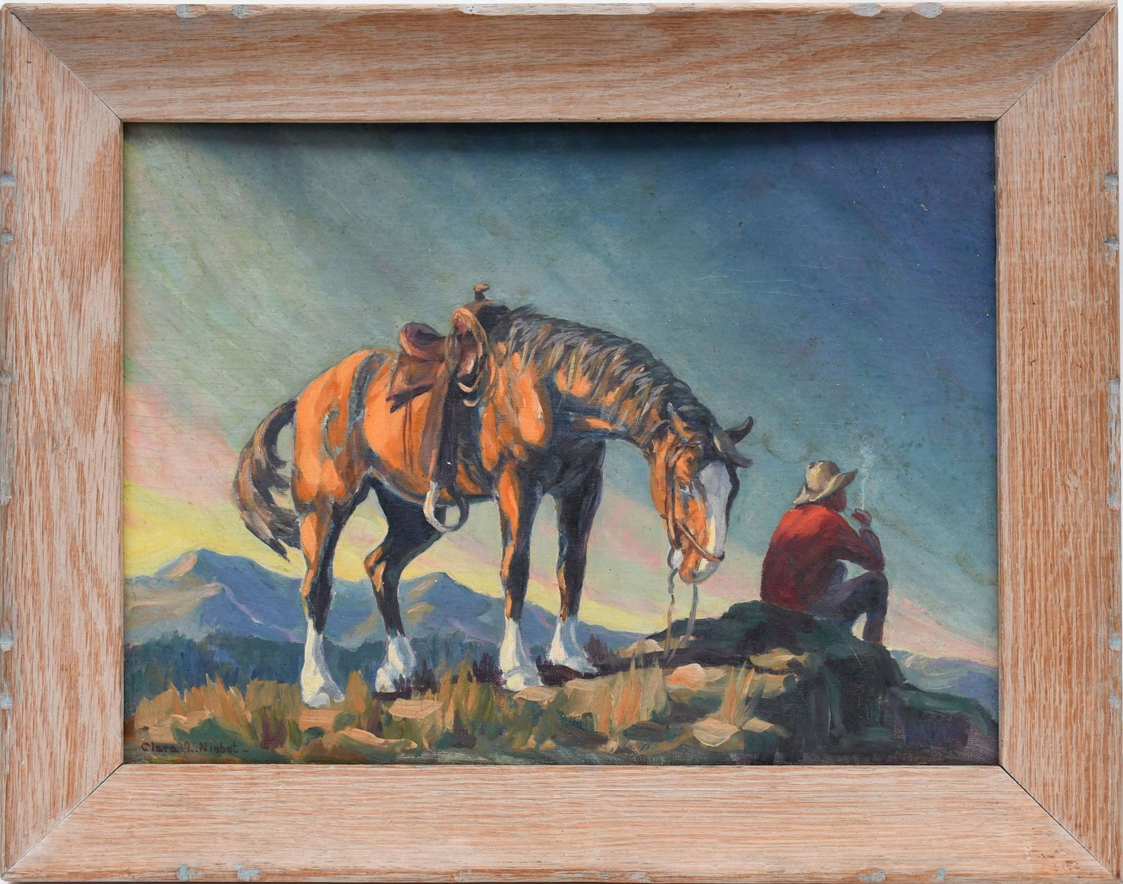 Clara Nisbet (American, 20th Century) oil on board, 12 x 16 inches. Horse & Cowboy. Overall framed: Clara Nisbet (American, 20th Century) oil on board, 12 x 16 inches. Horse & Cowboy. Overall framed size 15-1/4 x 19-1/4 inches