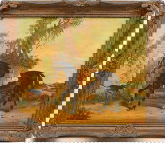 Horse and Dog Portrait. Oil on Canvas by J. (James) Pollard, signed lower right. 20 x 24 inches.