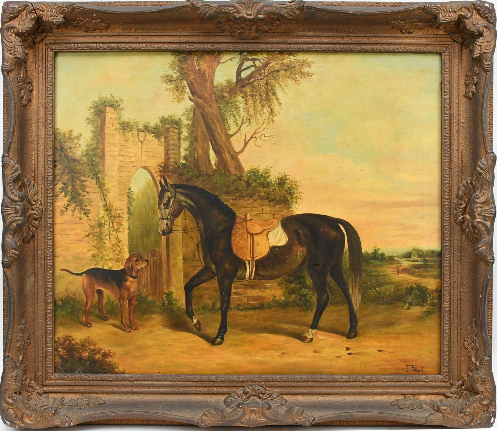 Horse and Dog Portrait. Oil on Canvas by J. (James) Pollard,  signed lower right. 20 x 24 inches. (1 of 7)